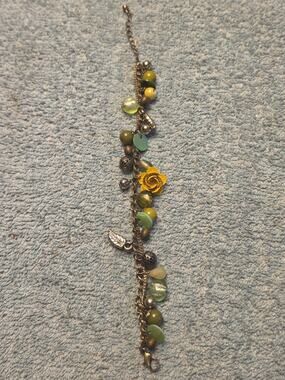 Vintage Bronze Charm Bracelet Green Beaded Yellow Flower Leaf Adjustable 7-8.5"